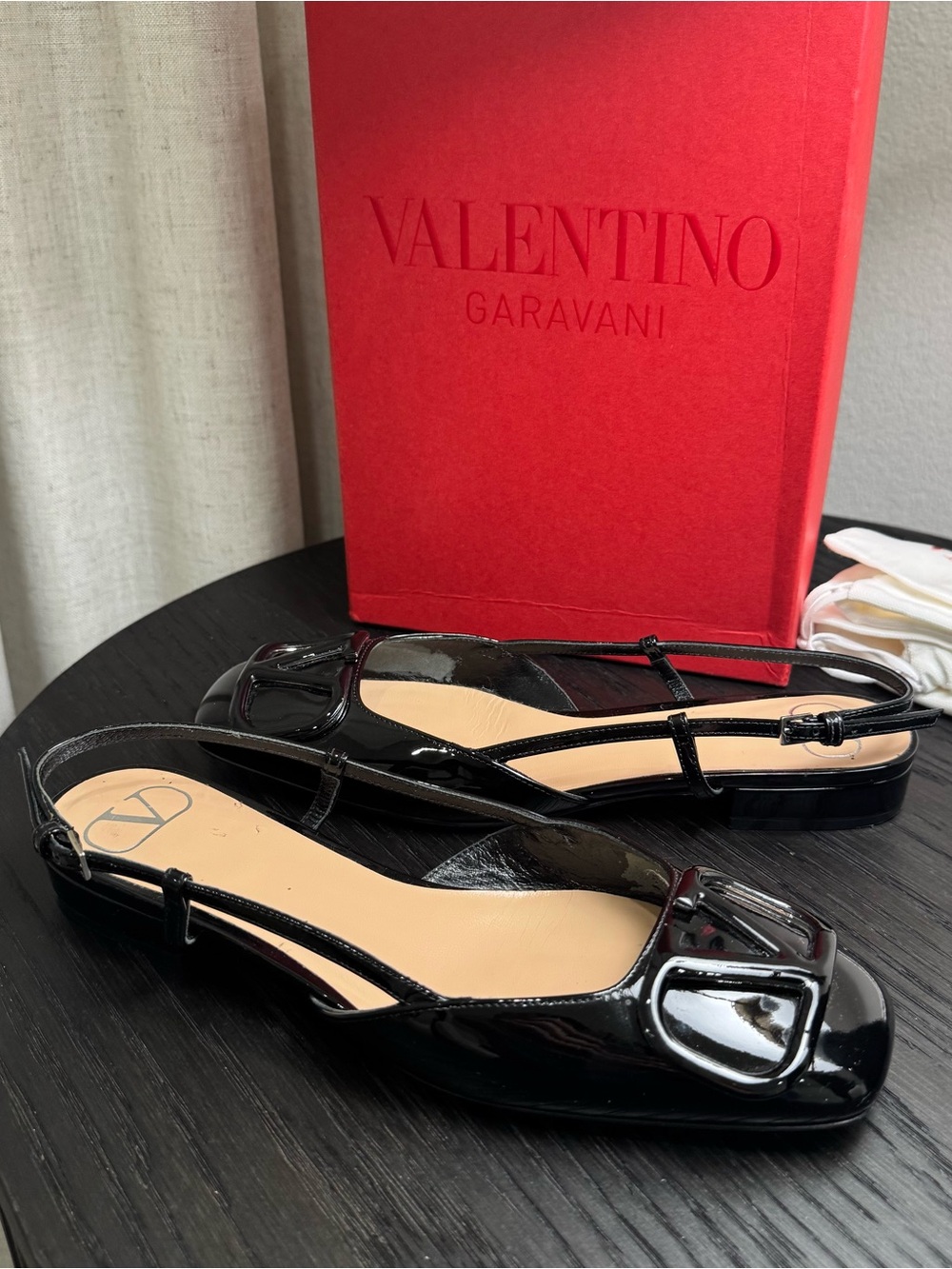 Valentino Garavani V-Logo Slingback Flats Patent Black 36